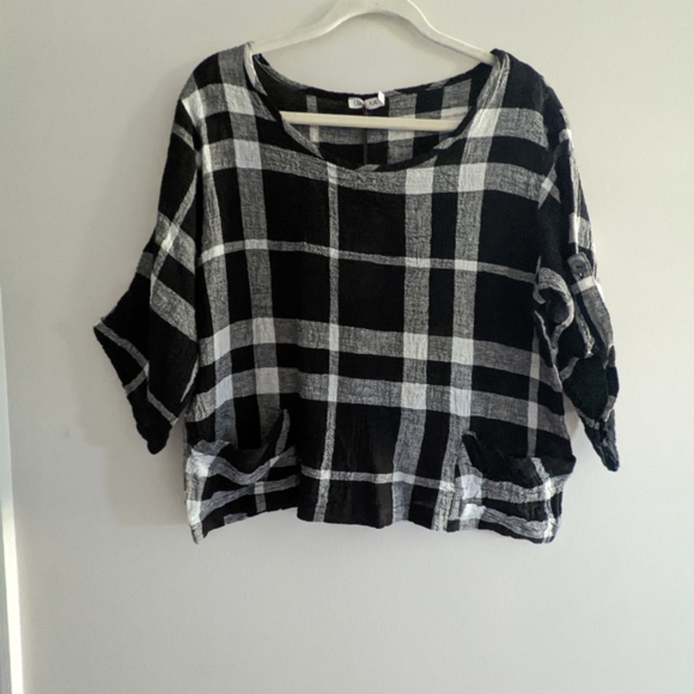 Luukaa Plaid Blouse Linen Blend Size 8